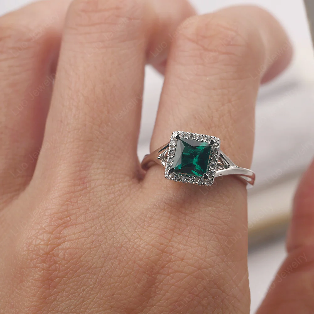 Emerald Split Shank Halo Engagement Ring - Image 6
