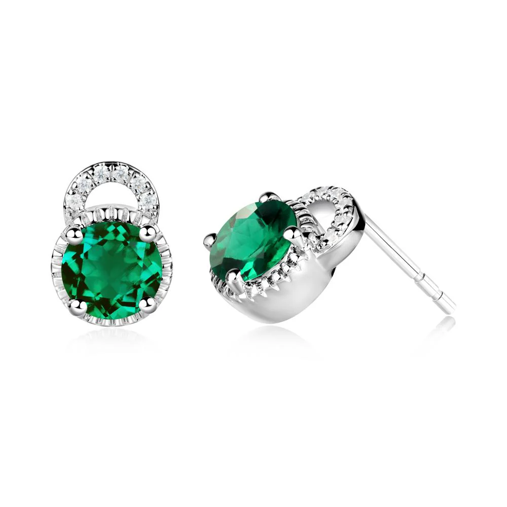 Emerald Stud Earrings with Decorative Halo - Image 2