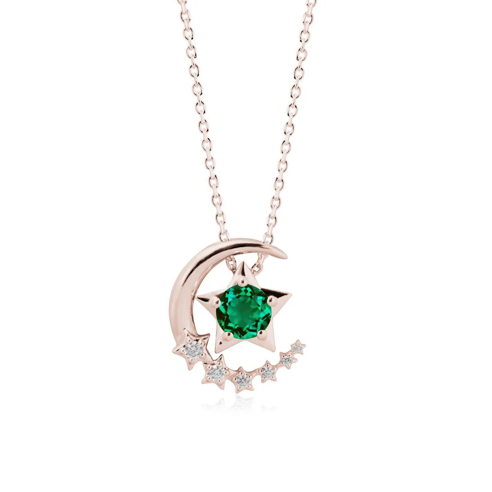 Emerald Swinging Star and Crescent Moon Necklace