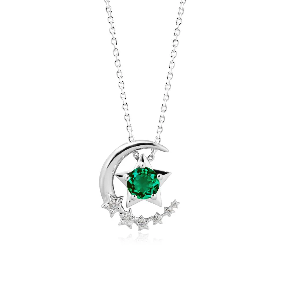 Emerald Swinging Star and Crescent Moon Necklace - Image 2