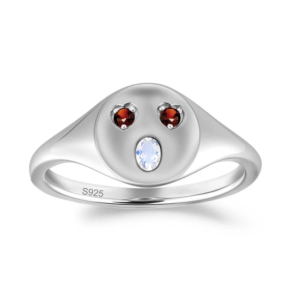 Emoji Inspired Moonstone and Garnet Signet Ring