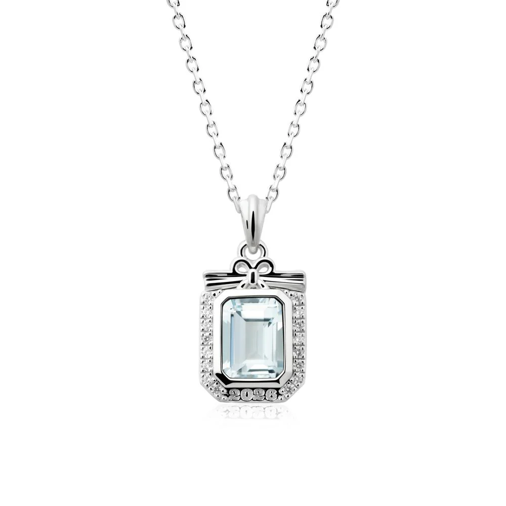 Engravable Year Aquamarine Halo Pendant Necklace - Image 3