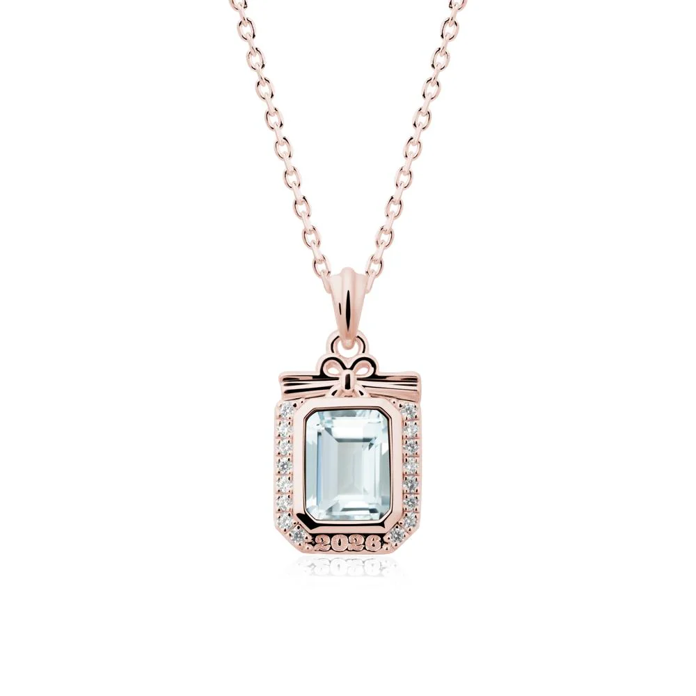Engravable Year Aquamarine Halo Pendant Necklace - Image 5