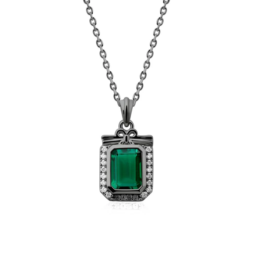 Engravable Year Emerald Halo Pendant Necklace