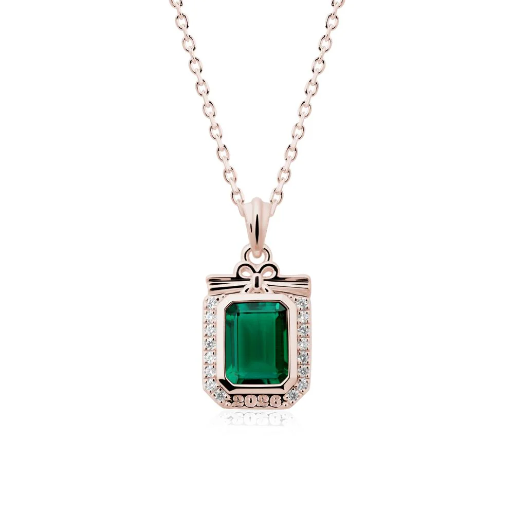 Engravable Year Emerald Halo Pendant Necklace - Image 2
