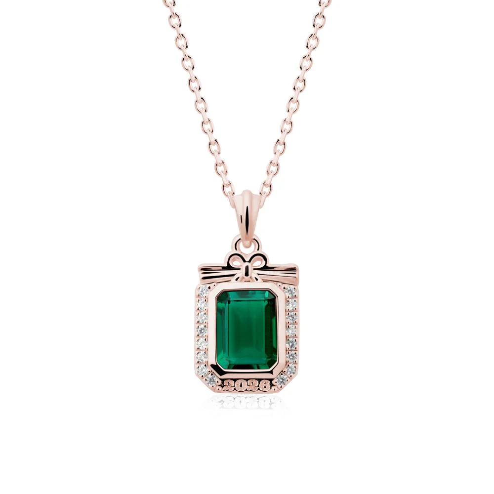 Engravable Year Emerald Halo Pendant Necklace - Image 5