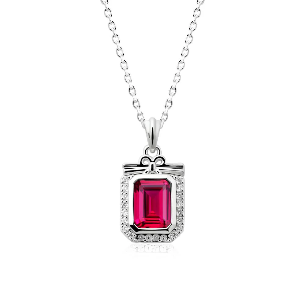Engravable Year Ruby Halo Pendant Necklace - Image 3