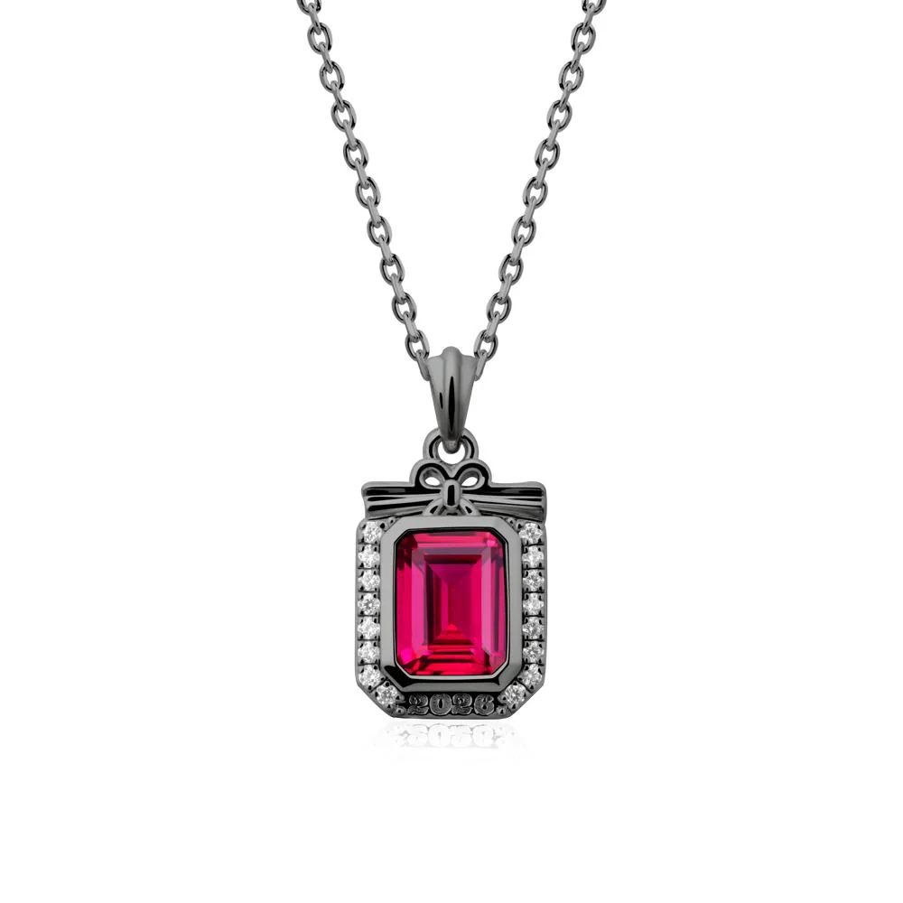 Engravable Year Ruby Halo Pendant Necklace - Image 8