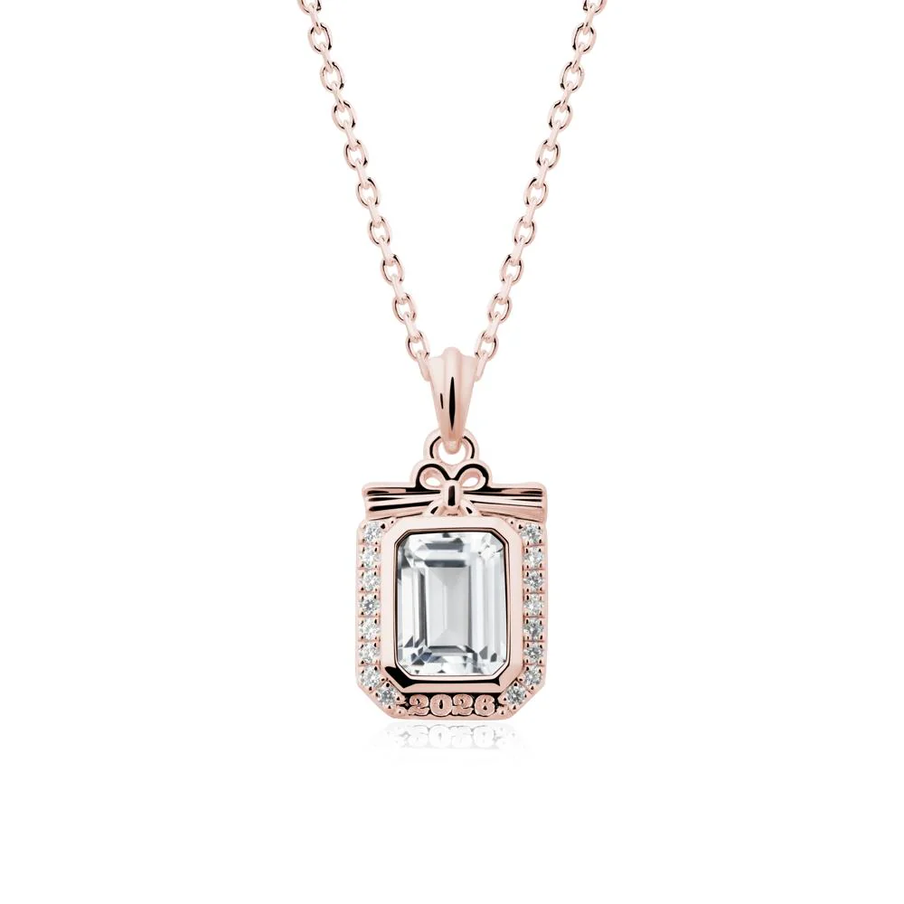 Engravable Year White Topaz Halo Pendant Necklace - Image 4