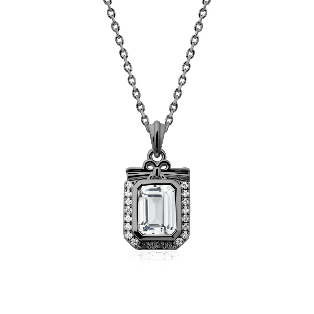 Engravable Year White Topaz Halo Pendant Necklace - Image 7