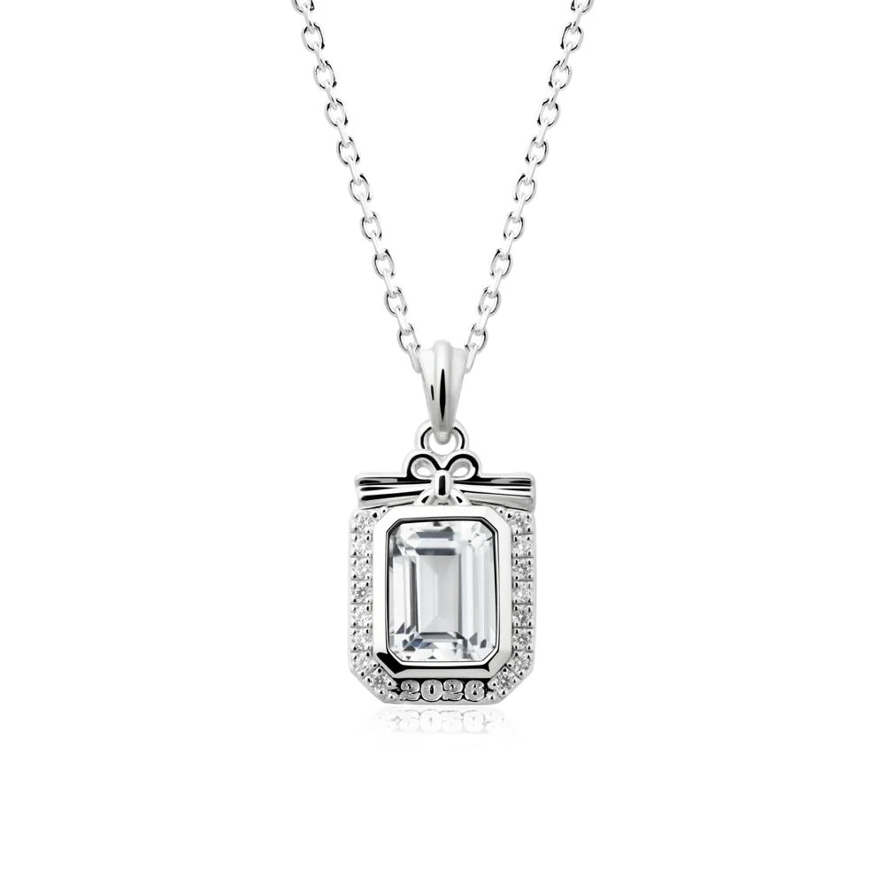 Engravable Year White Topaz Halo Pendant Necklace - Image 9