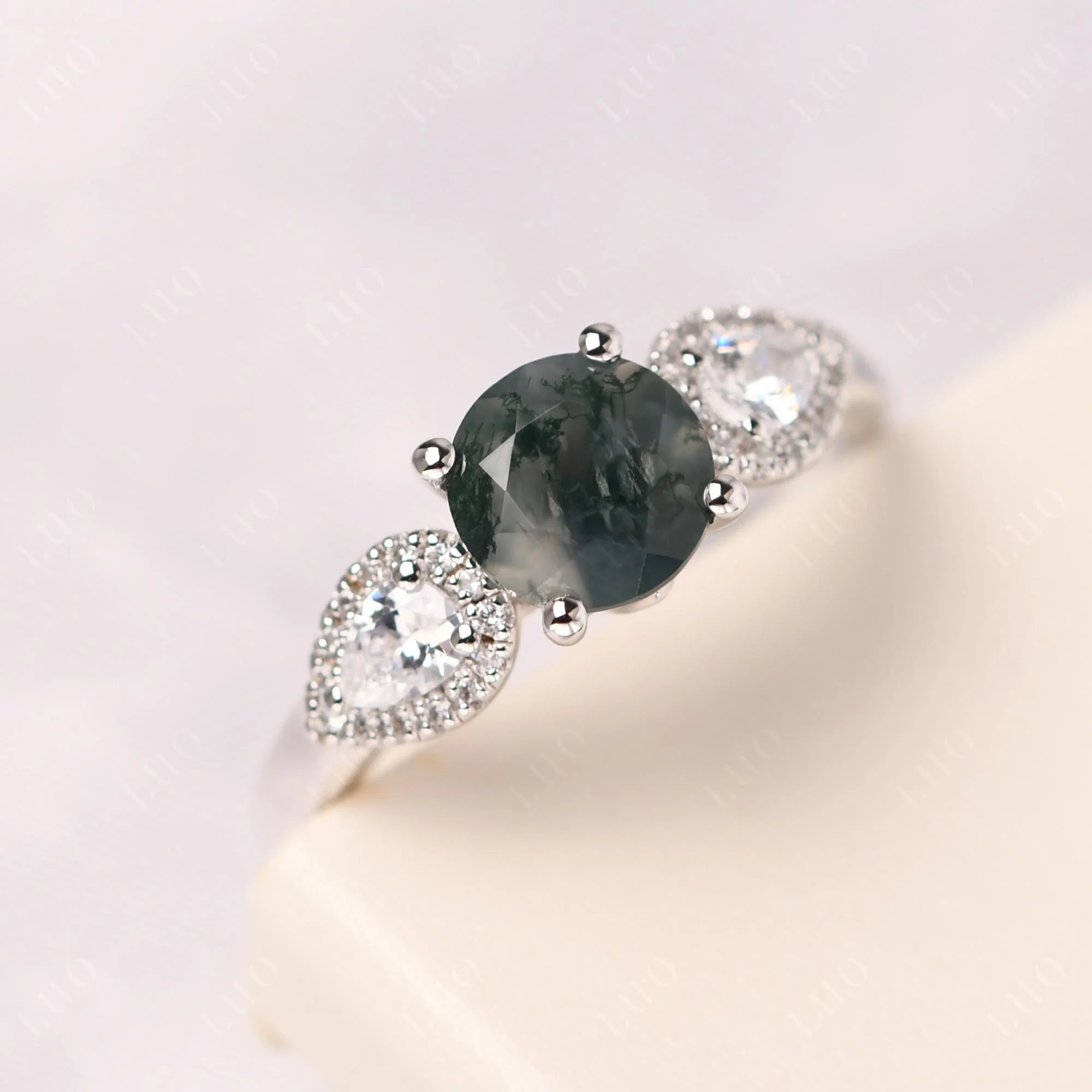Three Stone Euro Shank Moss Agate Ring