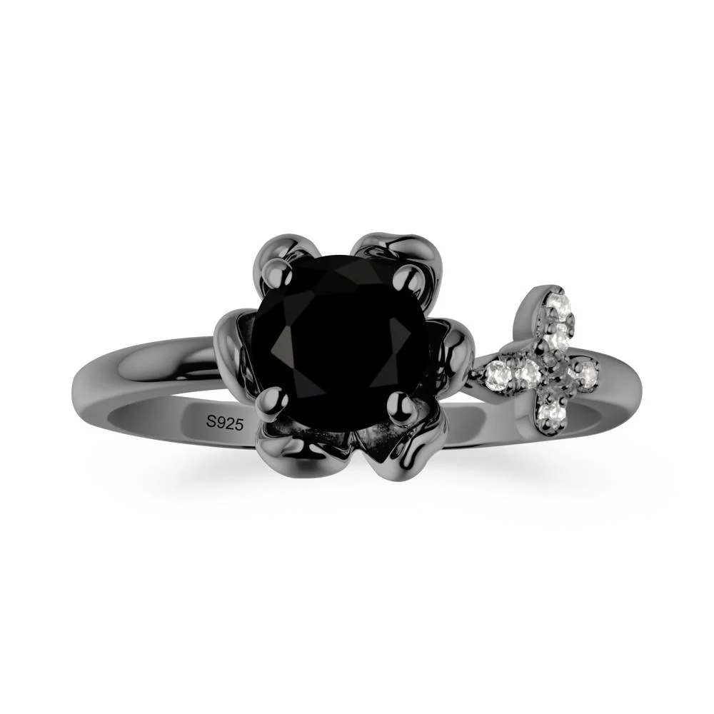 Floral Inspired Black Spinel Ring with Butterfly - Image 7