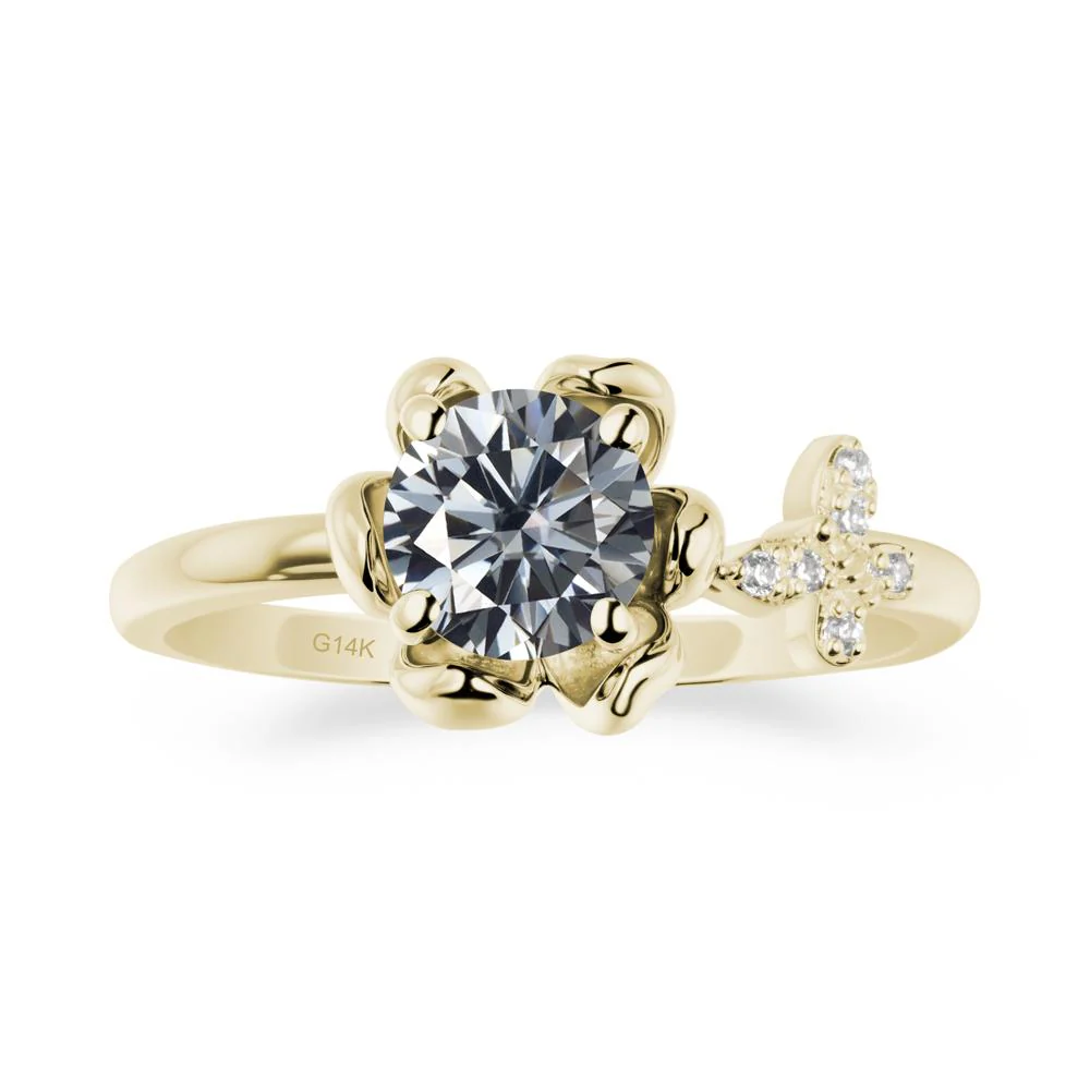 Floral Inspired Grey Moissanite Ring with Butterfly - Image 4