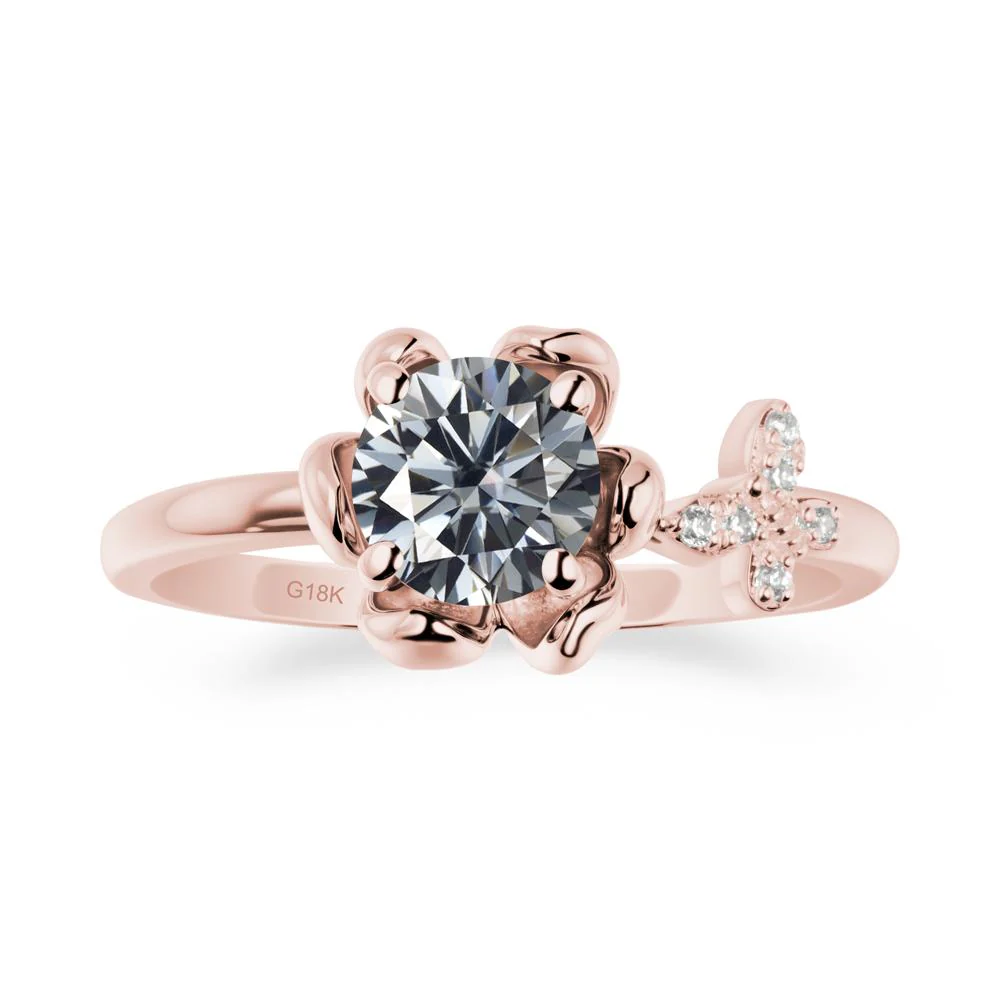 Floral Inspired Grey Moissanite Ring with Butterfly - Image 5