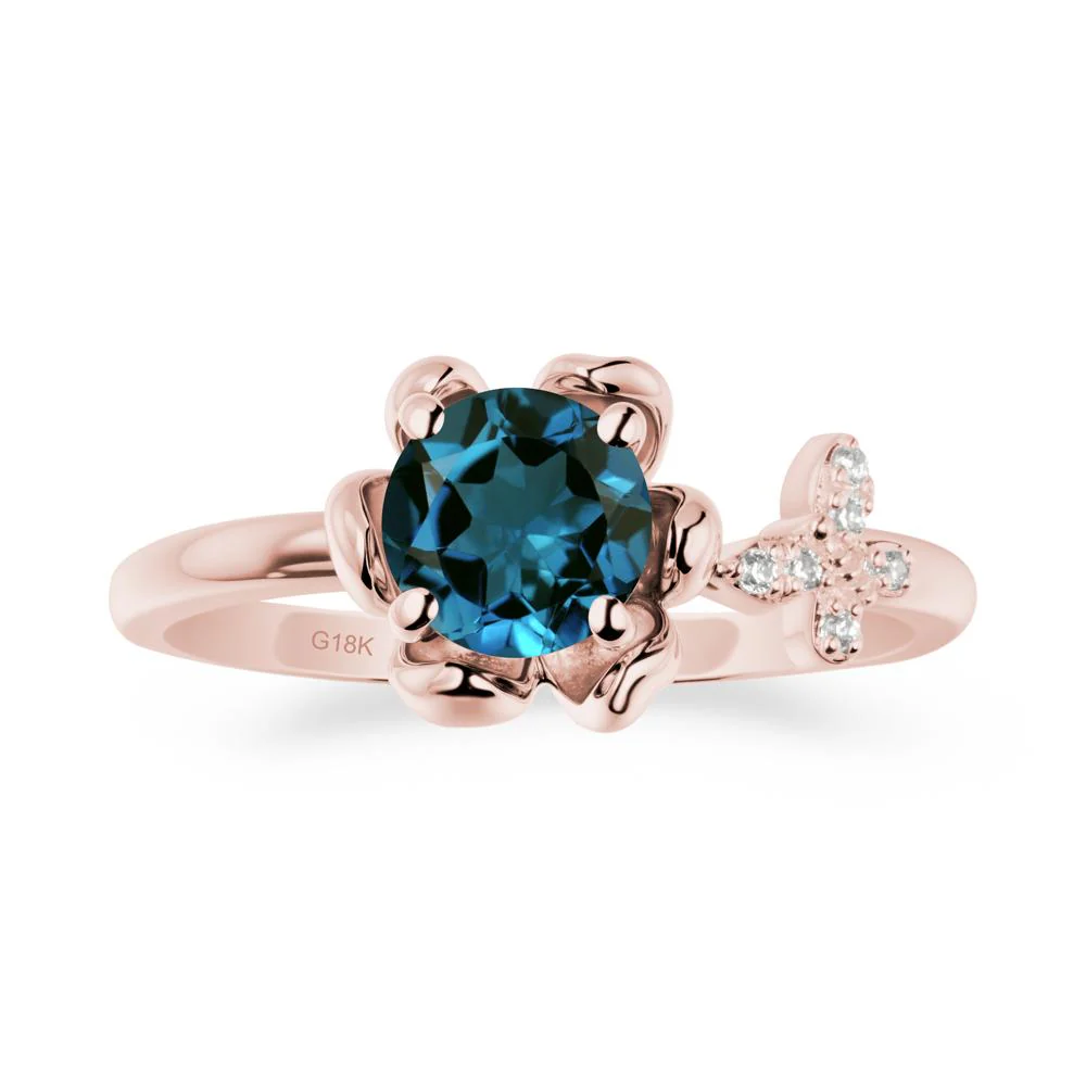 Floral Inspired London Blue Topaz Ring with Butterfly - Image 4