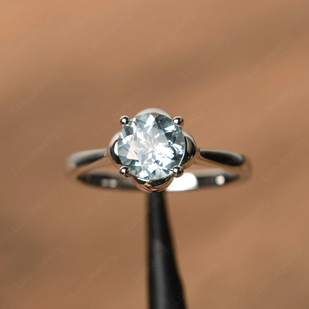 Flower Aquamarine Solitaire Engagement Ring