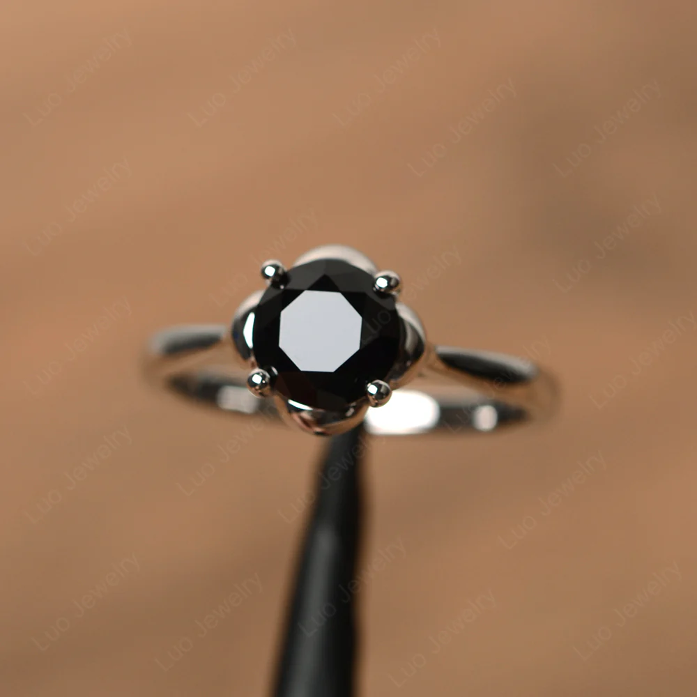 Black Spinel Floral Solitaire Engagement Ring
