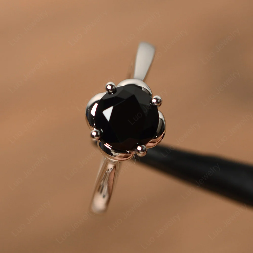 Black Spinel Floral Solitaire Engagement Ring - Image 2