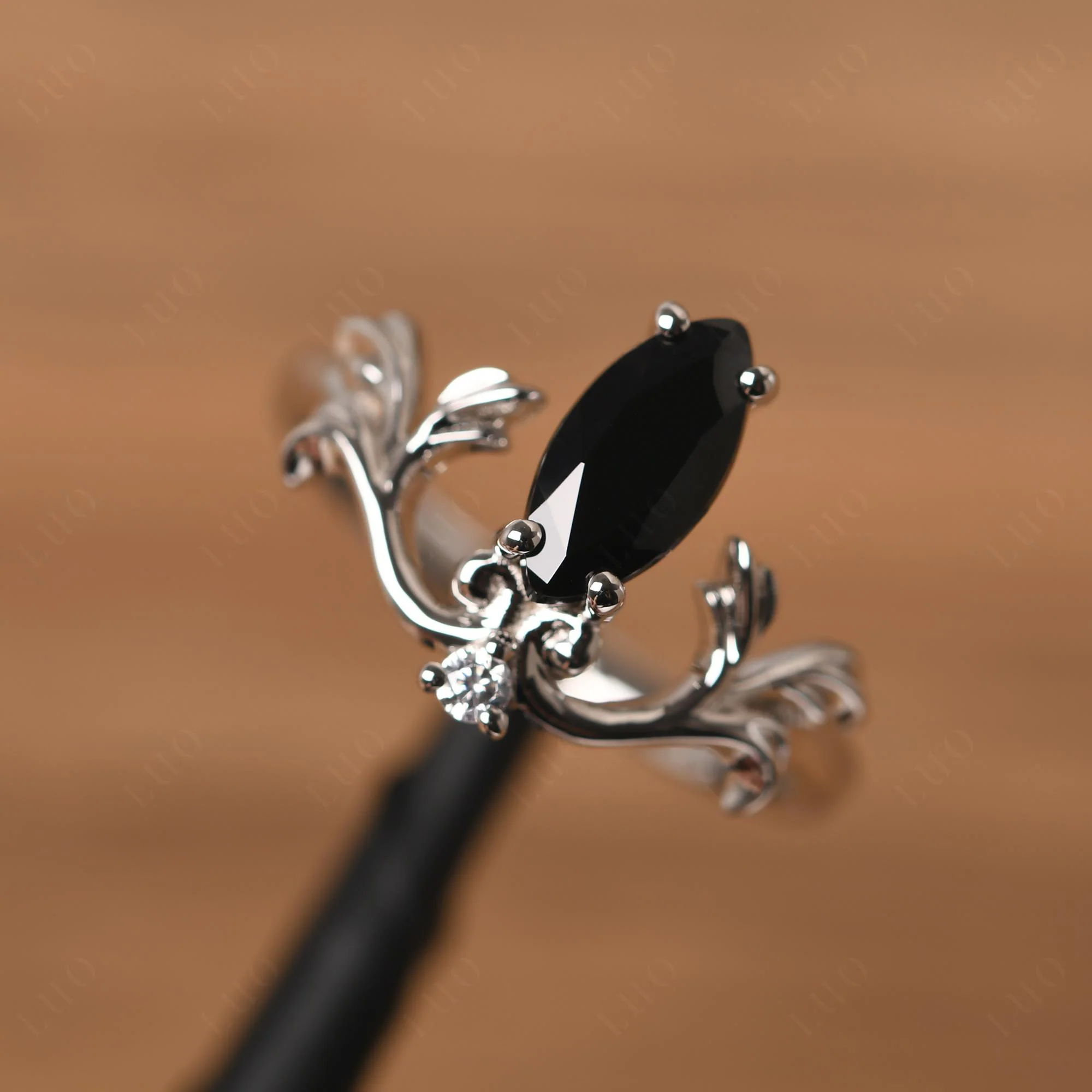 Marquise Cut Black Spinel Leaf Ring - Image 10