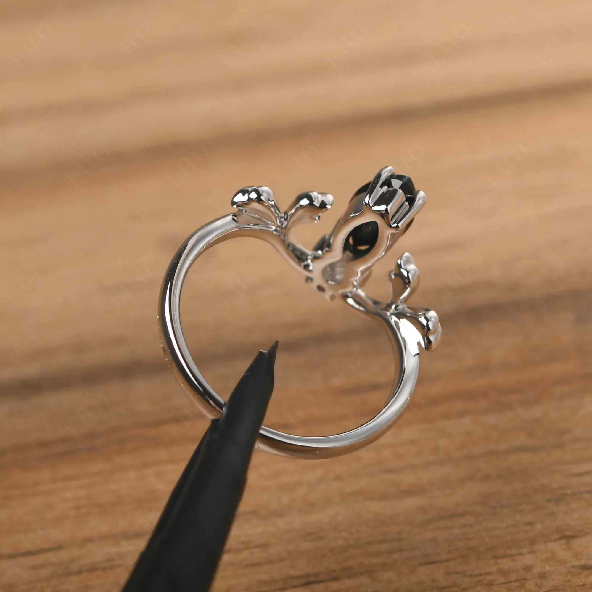 Marquise Cut Black Spinel Leaf Ring - Image 12