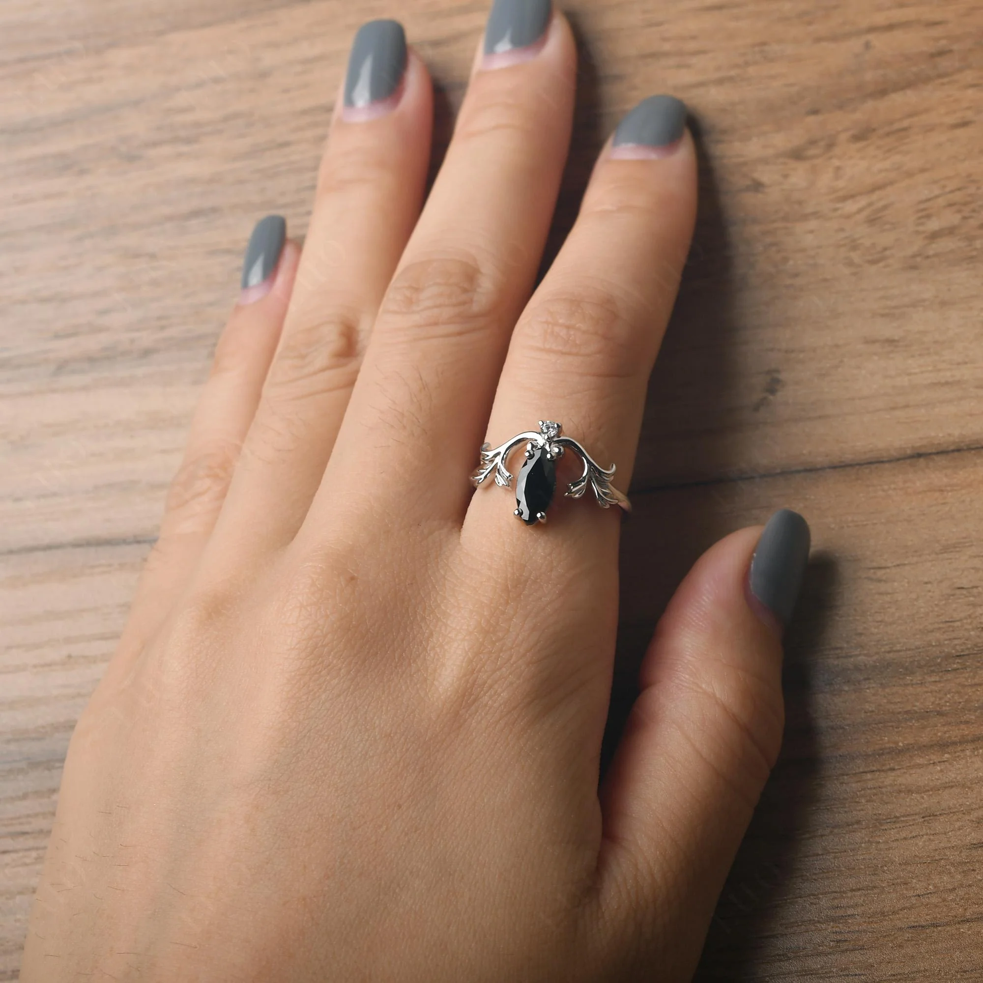 Marquise Cut Black Spinel Leaf Ring - Image 14