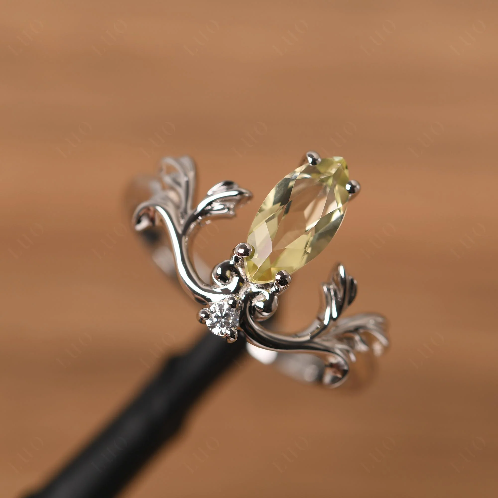 Marquise Cut Lemon Quartz Leaf Ring - Image 11