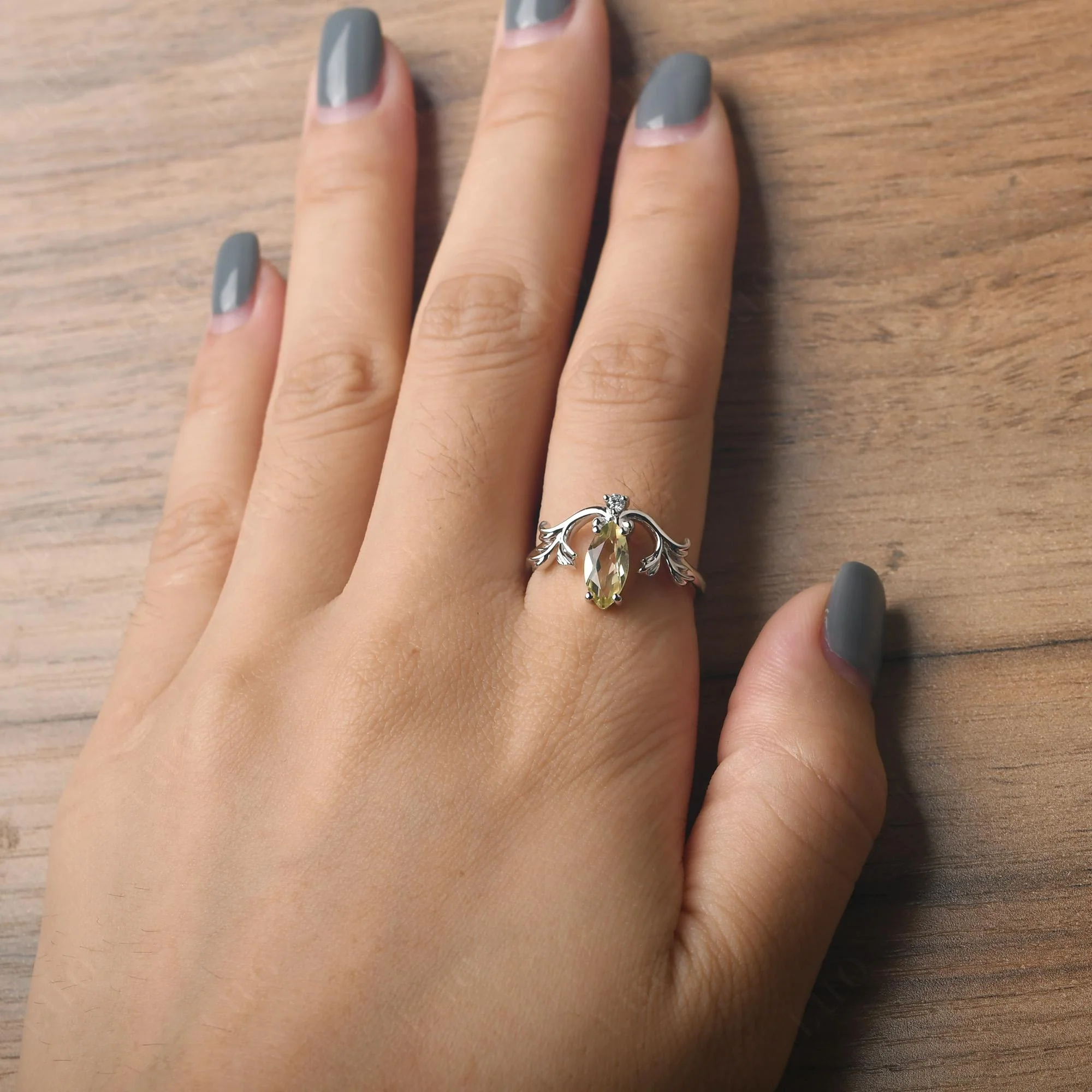 Marquise Cut Lemon Quartz Leaf Ring - Image 14
