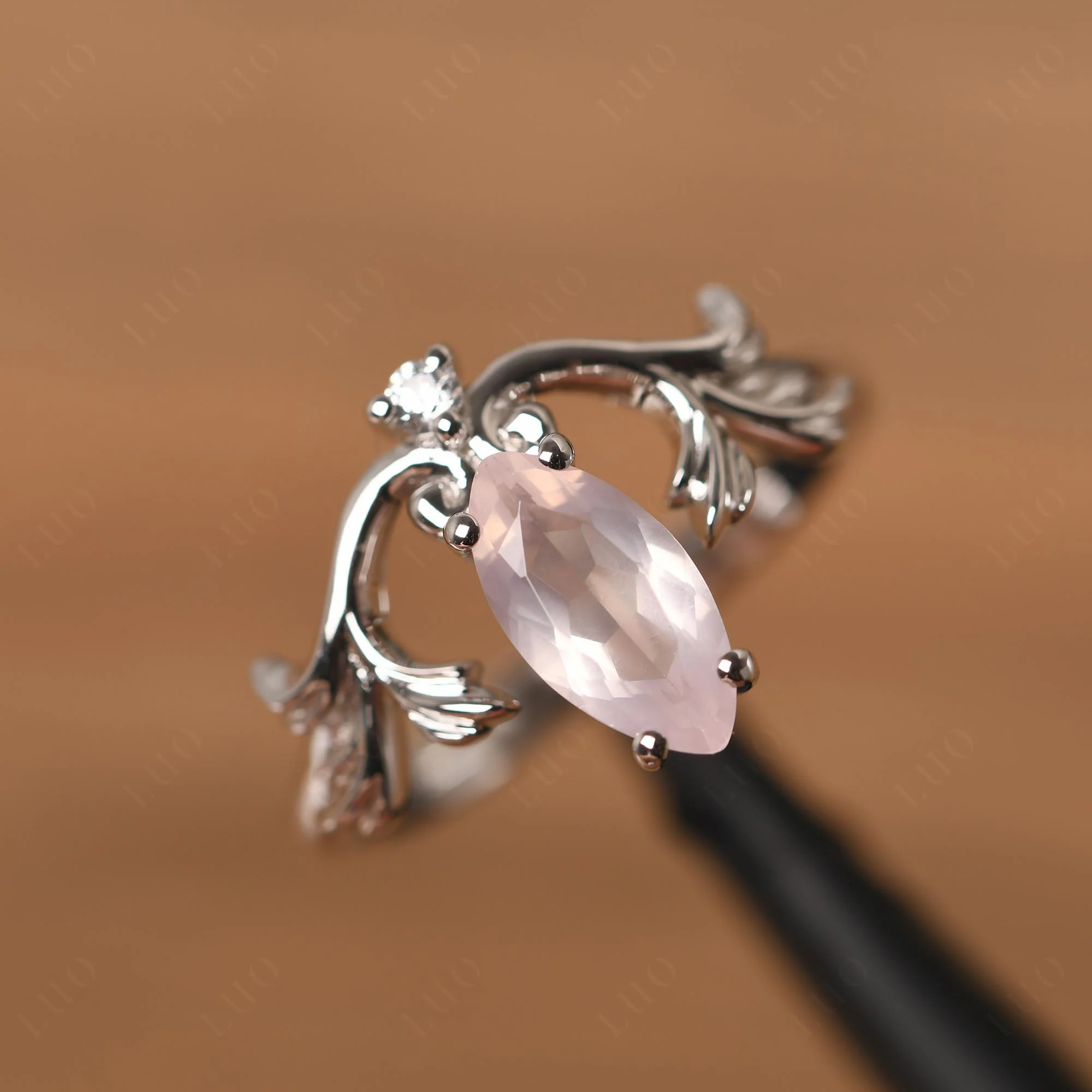 Marquise Cut Rose Quartz Leaf Ring - Image 11