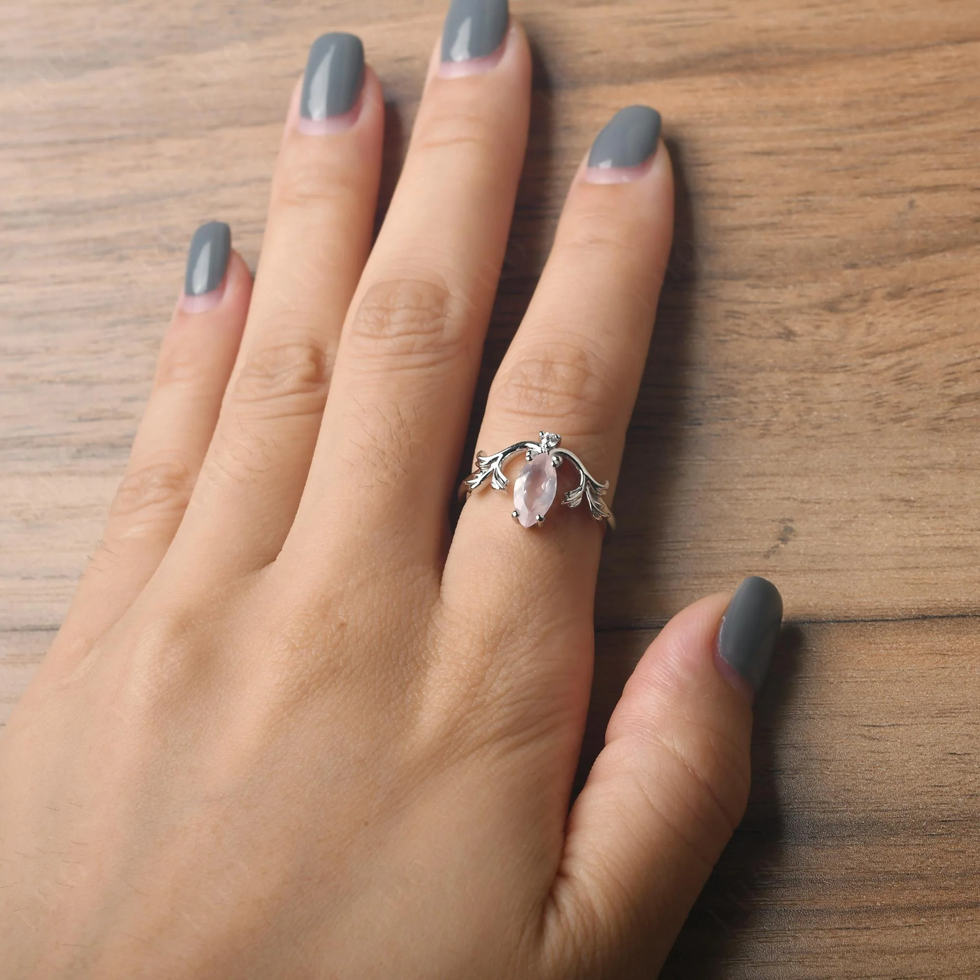 Marquise Cut Rose Quartz Leaf Ring - Image 14