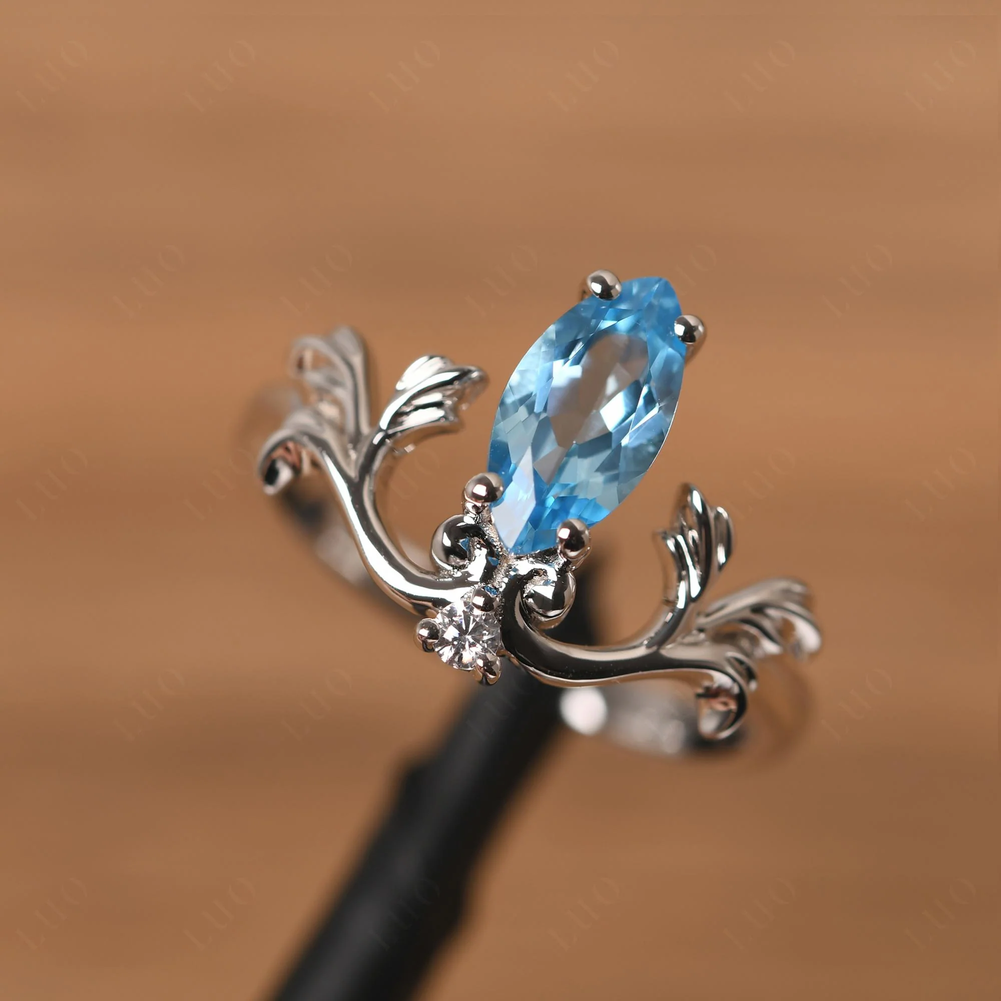 Marquise Cut Swiss Blue Topaz Leaf Ring - Image 11