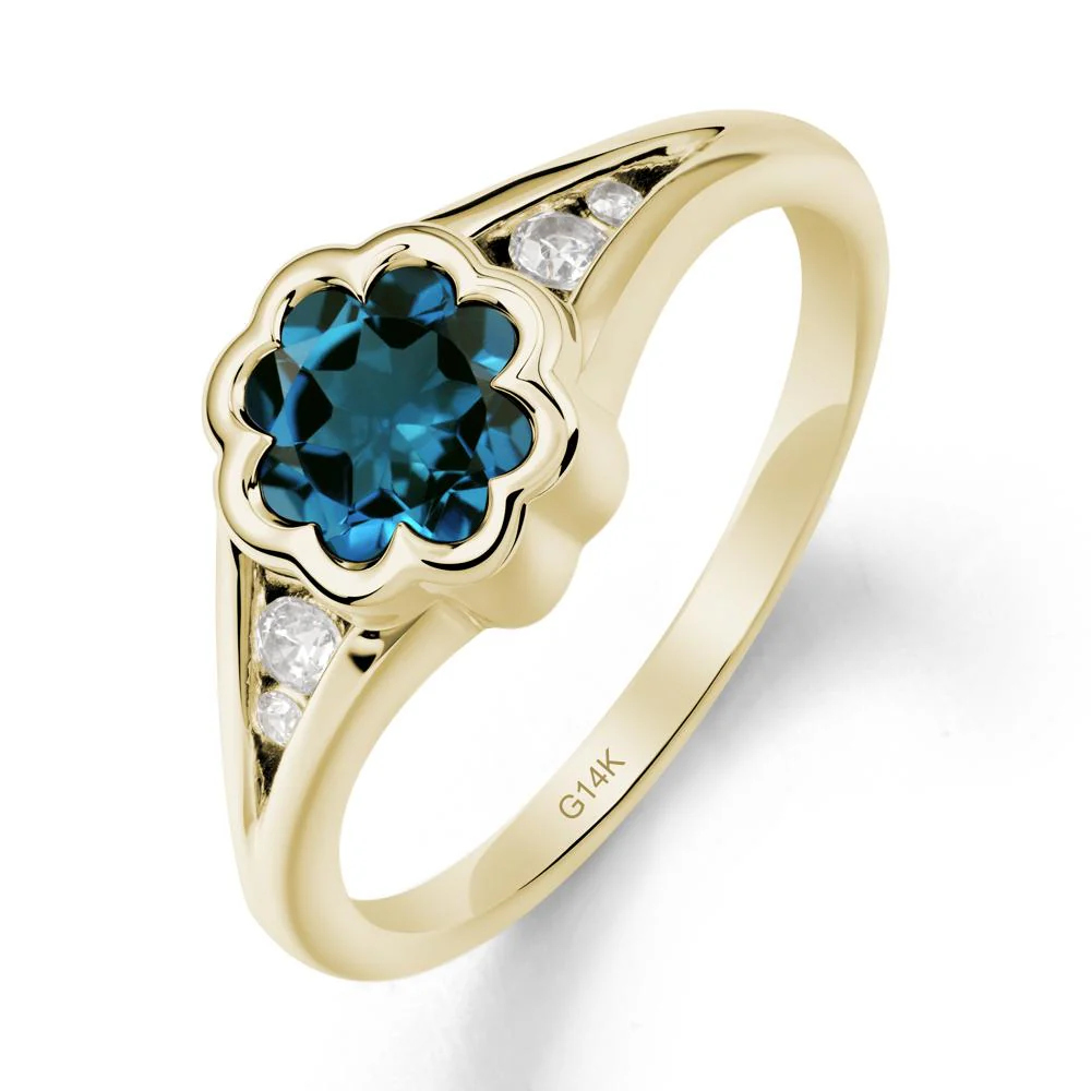 Flower Shaped London Blue Topaz Ring with Bezel Setting - Image 4