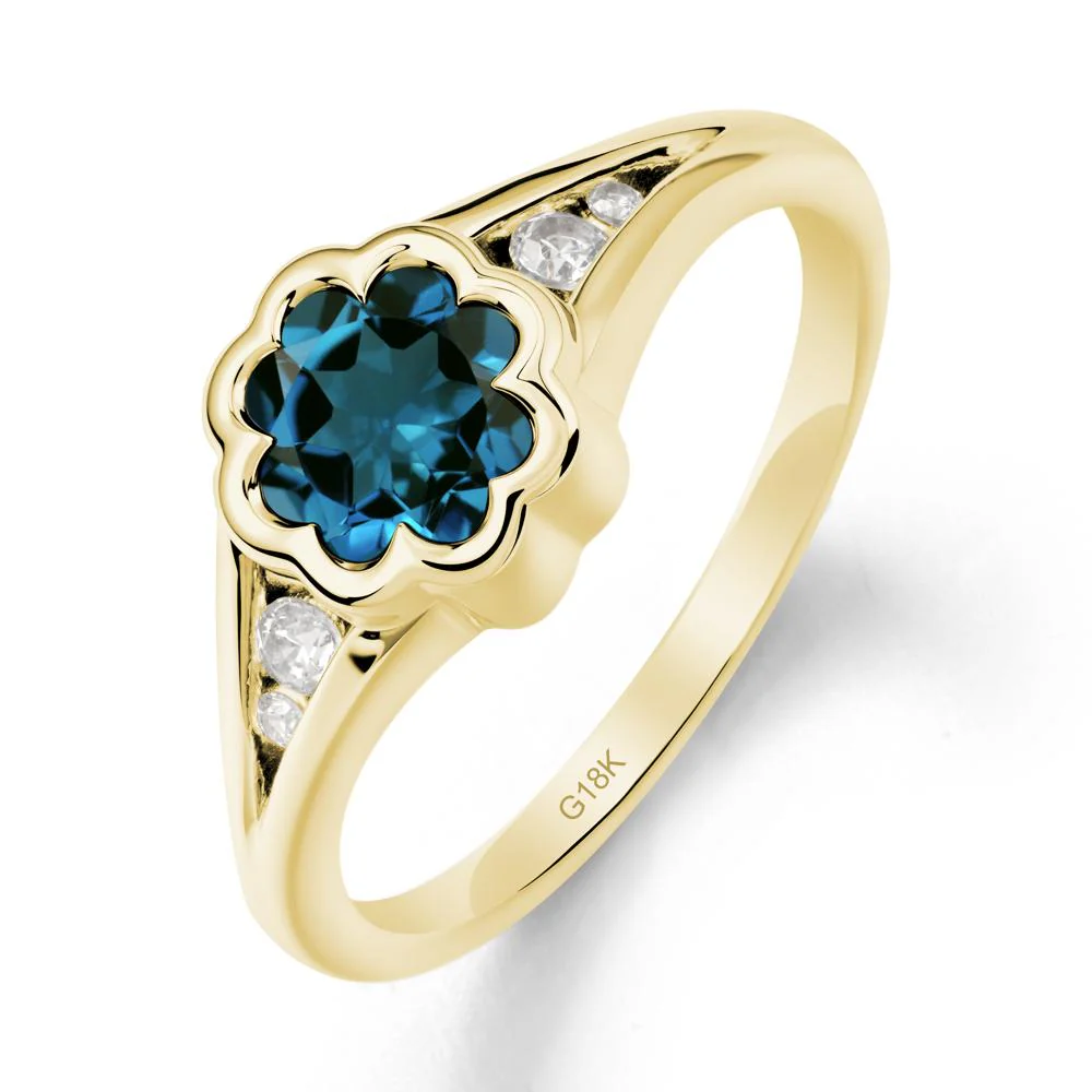 Flower Shaped London Blue Topaz Ring with Bezel Setting - Image 7