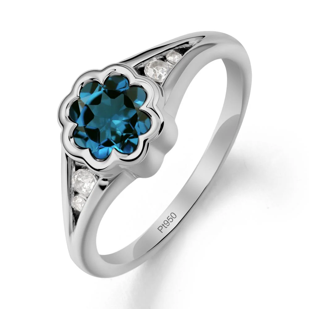 Flower Shaped London Blue Topaz Ring with Bezel Setting - Image 8