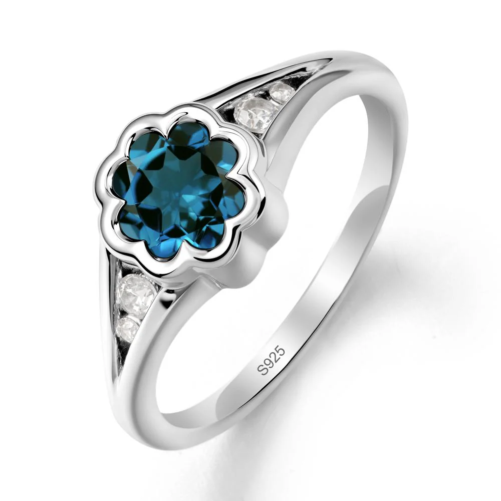 Flower Shaped London Blue Topaz Ring with Bezel Setting - Image 9