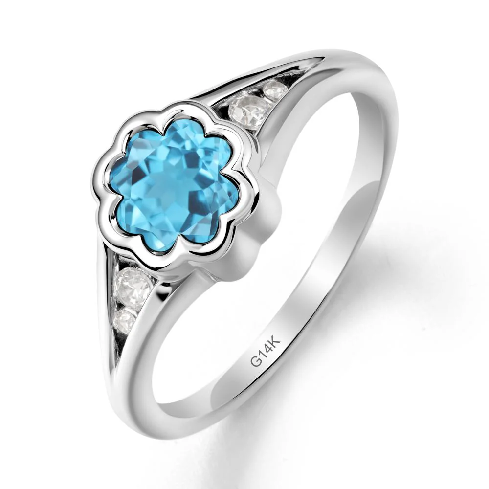 Flower Shaped Swiss Blue Topaz Ring with Bezel Setting