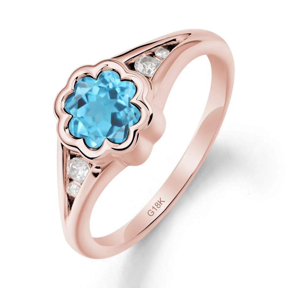 Flower Shaped Swiss Blue Topaz Ring with Bezel Setting - Image 4