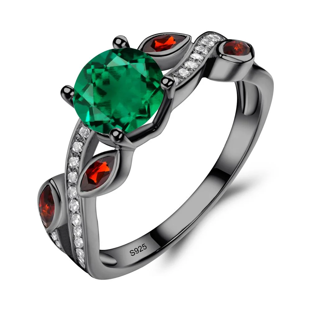 Emerald and Garnet Engagement Ring with Leaf - Image 3