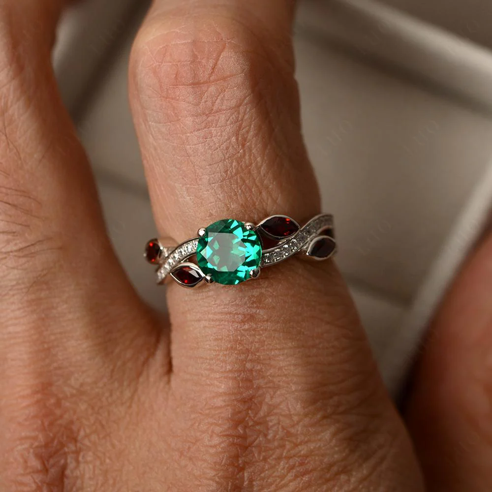 Emerald and Garnet Engagement Ring with Leaf - Image 32
