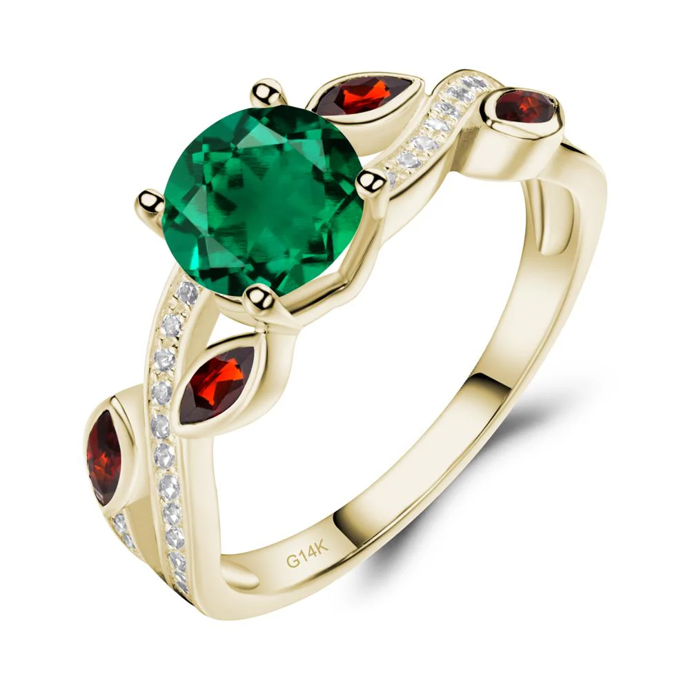 Emerald and Garnet Engagement Ring with Leaf - Image 5