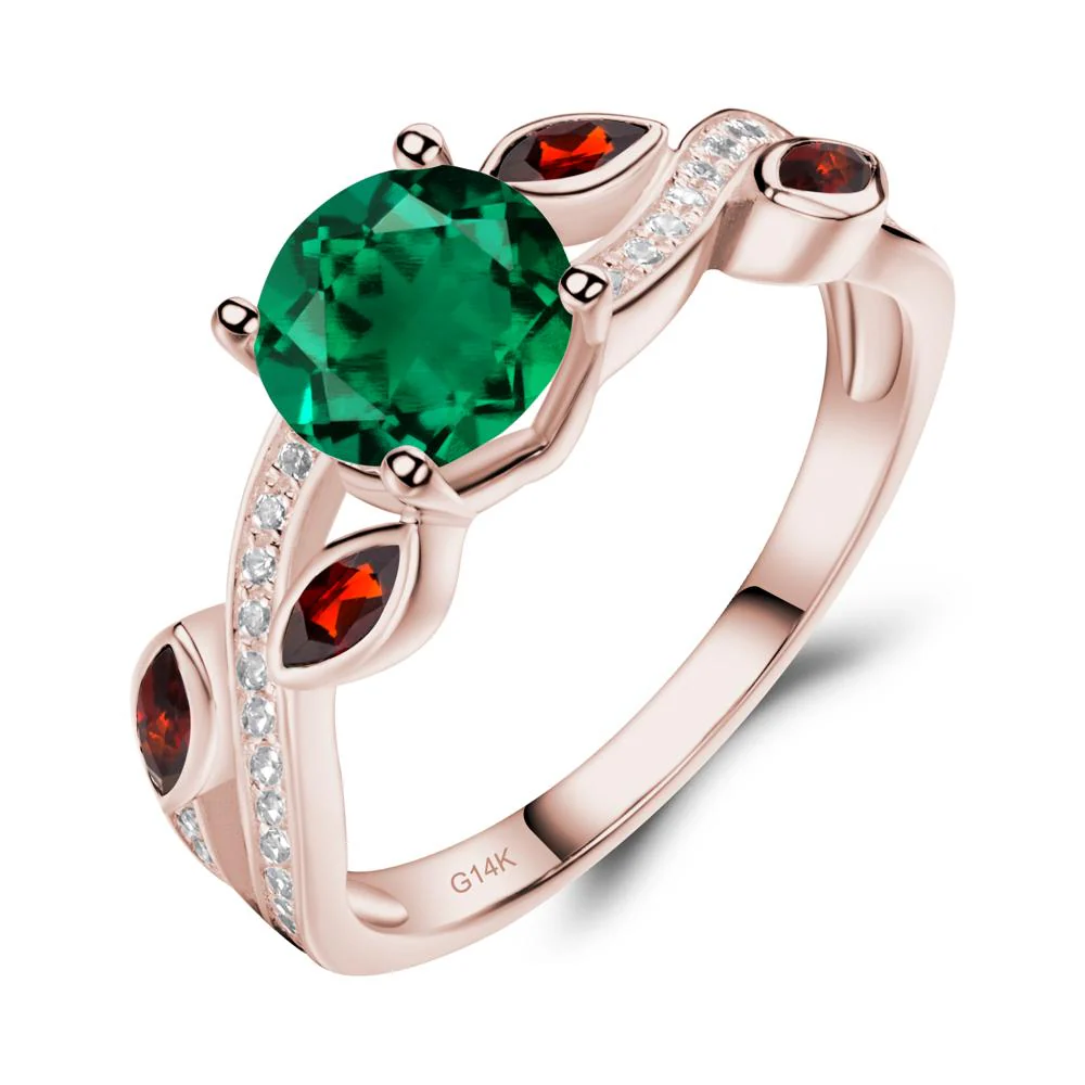 Emerald and Garnet Engagement Ring with Leaf - Image 6