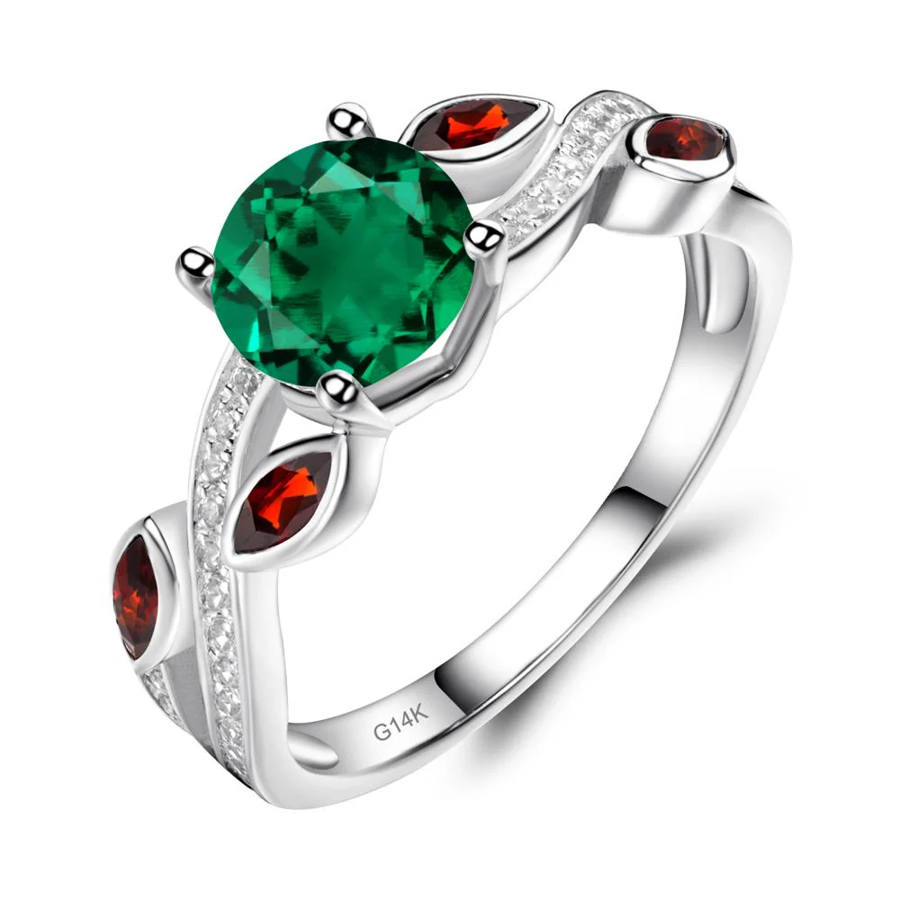 Emerald and Garnet Engagement Ring with Leaf - Image 8