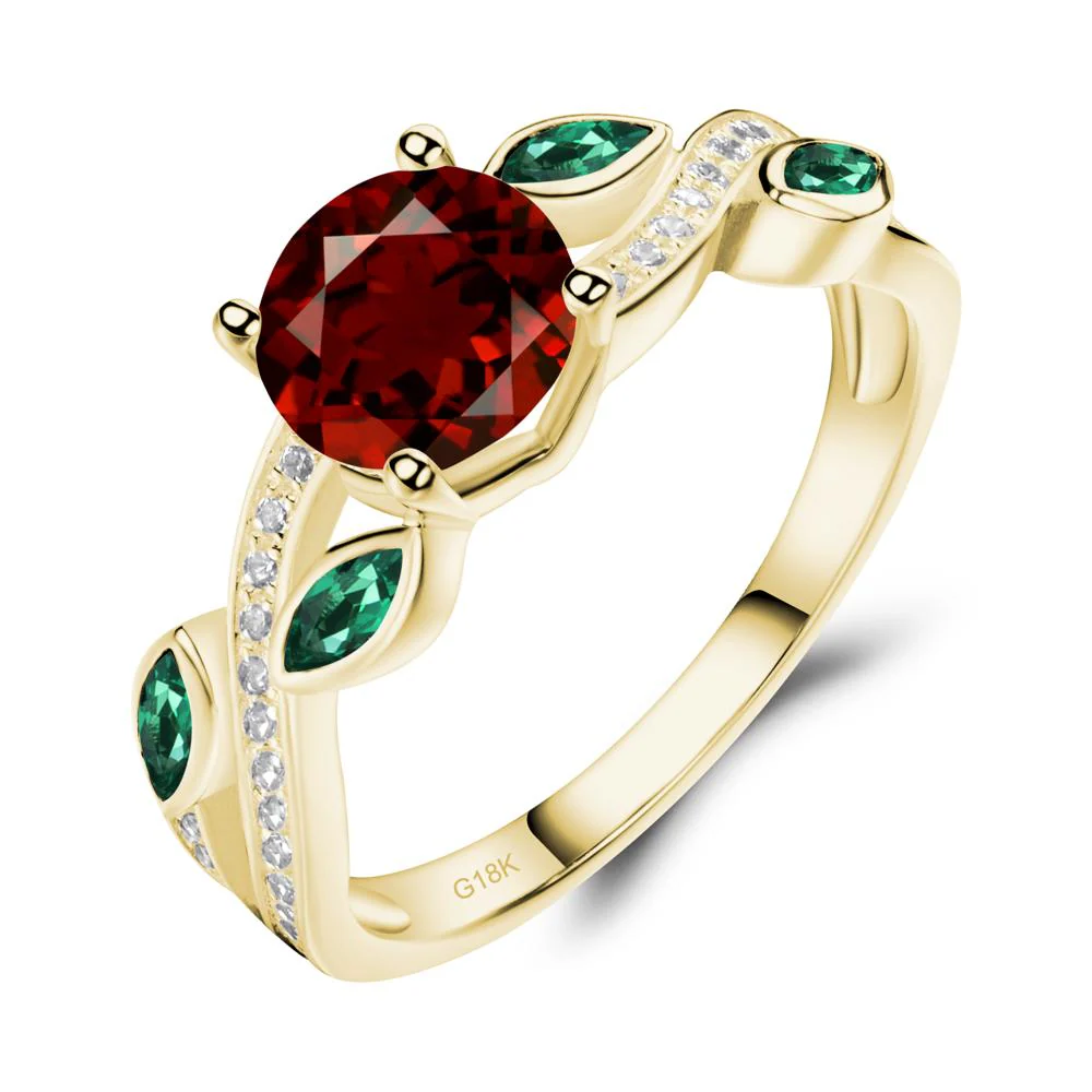 Garnet and Emerald Twisted Leaf Engagement Ring - Image 2