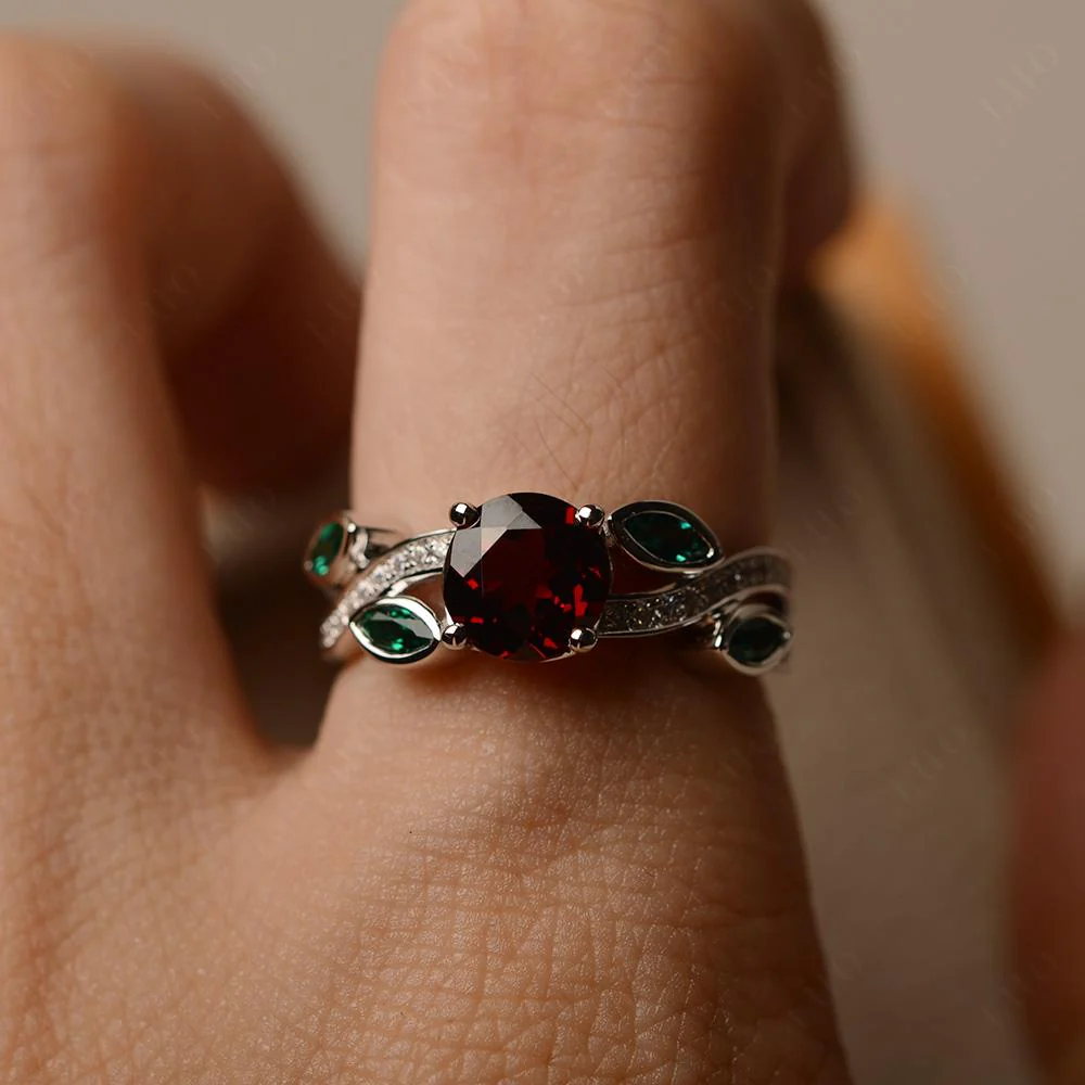 Garnet and Emerald Twisted Leaf Engagement Ring - Image 32