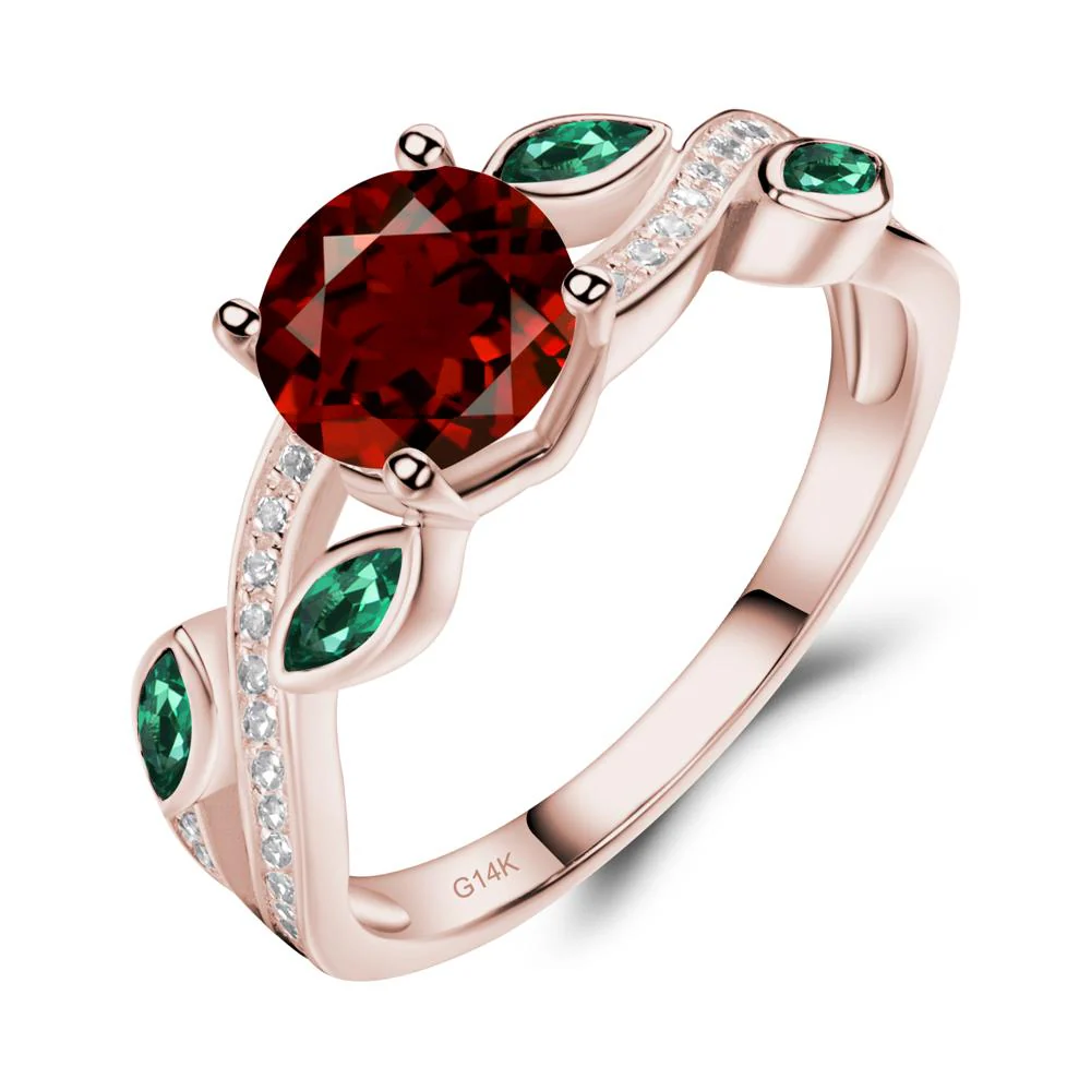 Garnet and Emerald Twisted Leaf Engagement Ring - Image 4