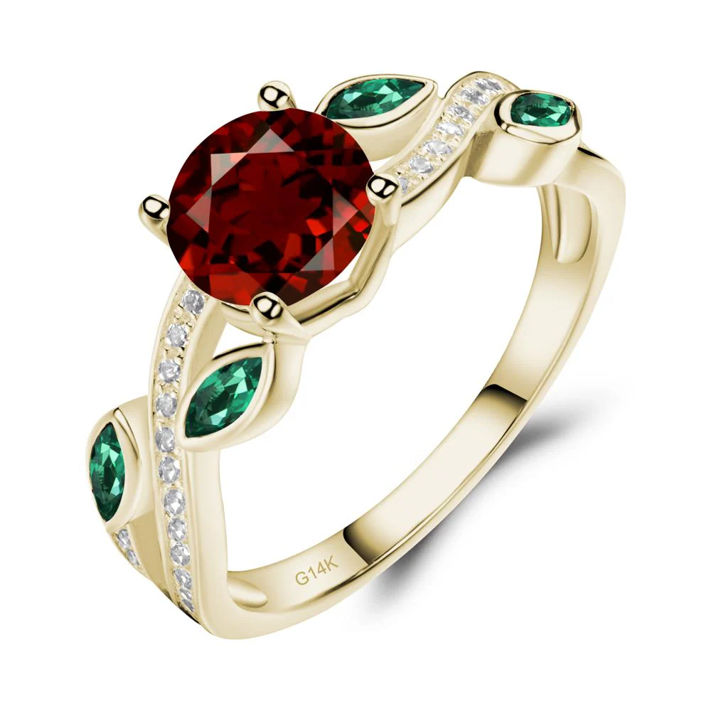 Garnet and Emerald Twisted Leaf Engagement Ring - Image 5