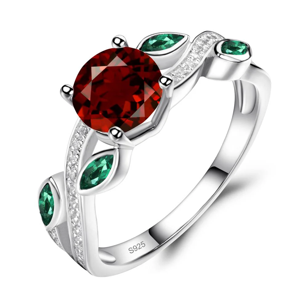 Garnet and Emerald Twisted Leaf Engagement Ring - Image 6