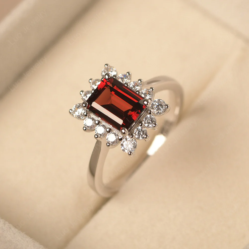 Emerald Cut Garnet Halo Luxury Ring