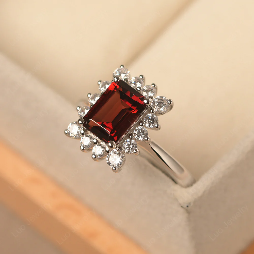 Emerald Cut Garnet Halo Luxury Ring - Image 2