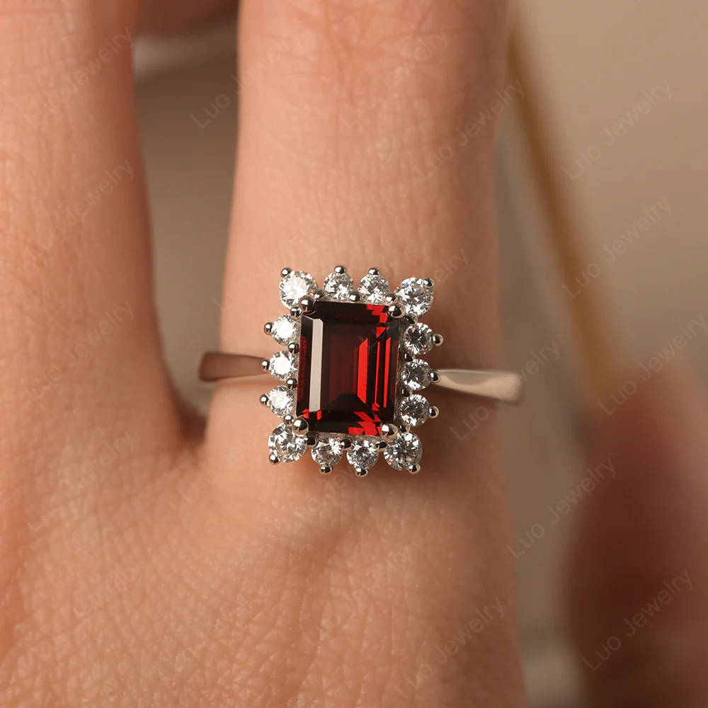 Emerald Cut Garnet Halo Luxury Ring - Image 5